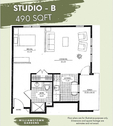 Floor plan for studio, 1 bath, 490 sqft